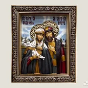 На память: Икона резная из дерева Святые Петр и Феврония — фотография 1